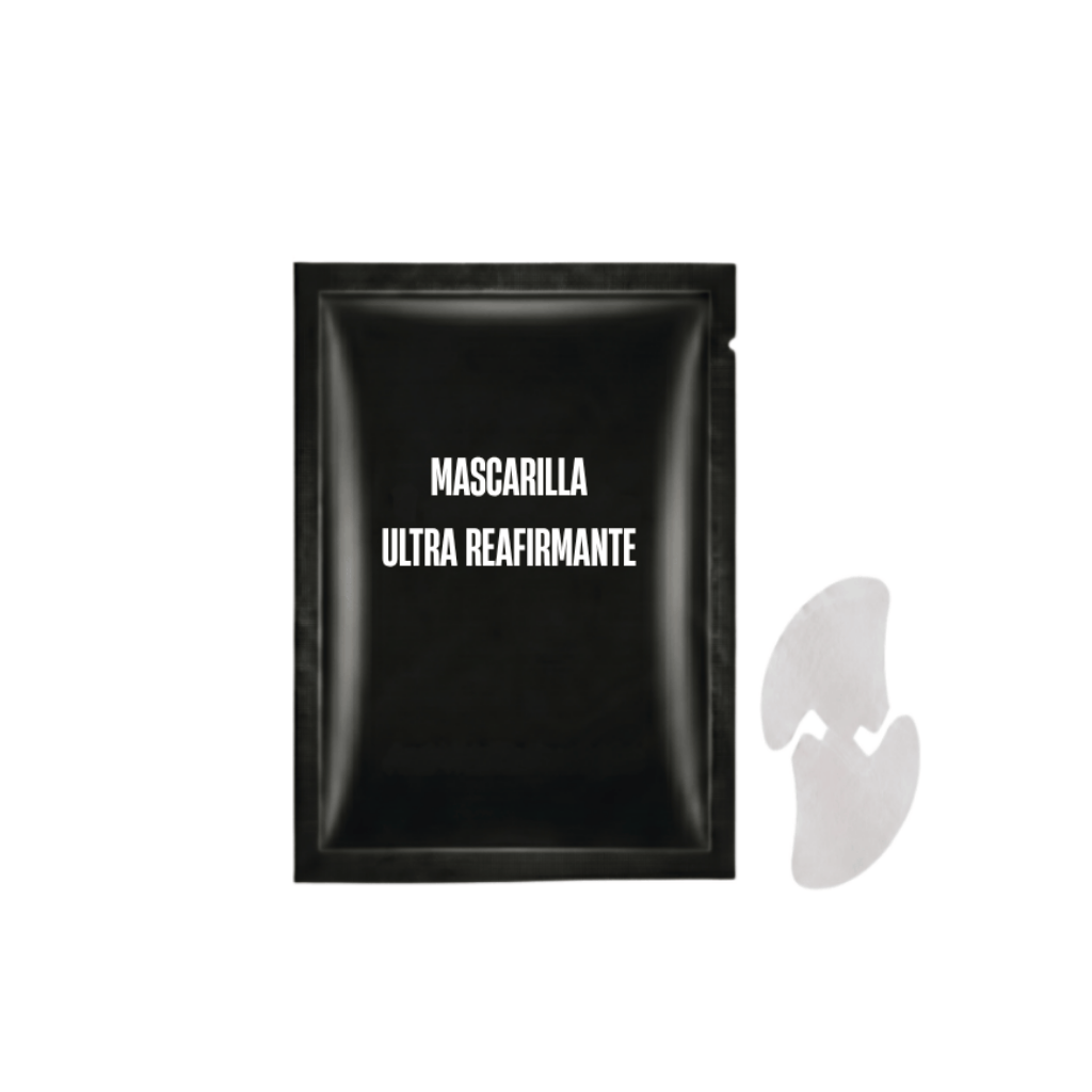 Mascarilla ultra reafirmante en empaque negro, acompañada por un aplicador de tejido.