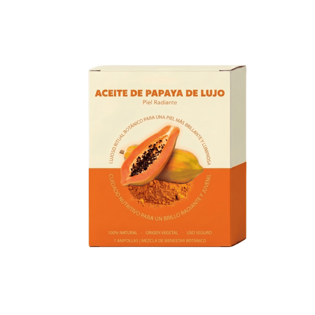 Aceite de Papaya de Lujo en su envase, diseñado para una piel radiante y saludable.