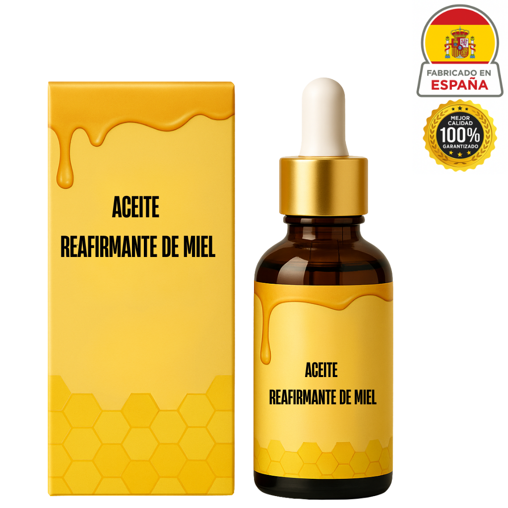 Aceite Reafirmante de Miel en frasco con gotero y caja, ideal para el cuidado intensivo de la piel.