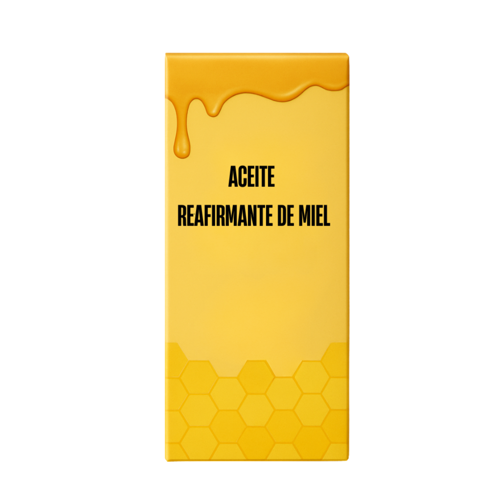 Envase del Aceite Reafirmante de Miel, un aceite para el cuidado intensivo de la piel.