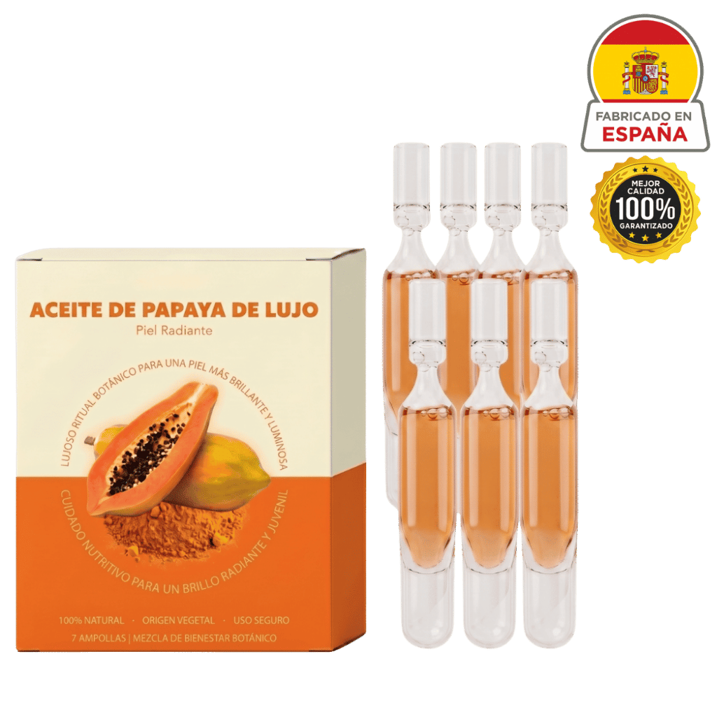 Aceite de Papaya de Lujo en ampollas para una piel radiante y saludable, efectivo para mejorar la hidratación.