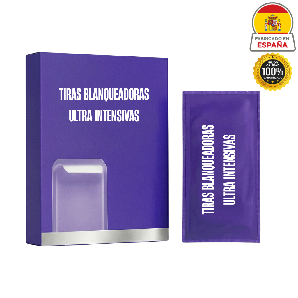 Envase de Tiras blanqueadoras ultra intensivas, solución para una sonrisa más brillante y saludable.