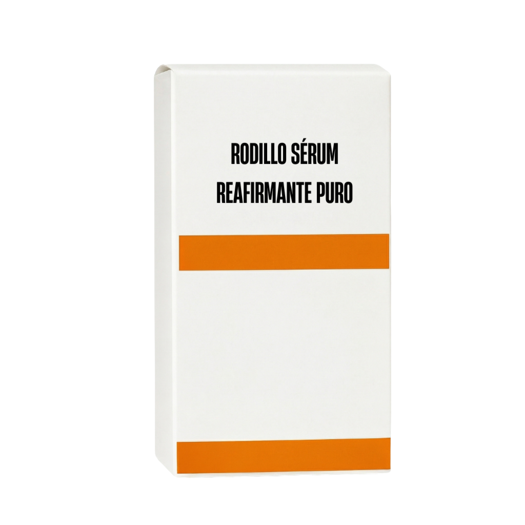 Caja del Rodillo sérum reafirmante puro con diseño elegante y packaging minimalista.