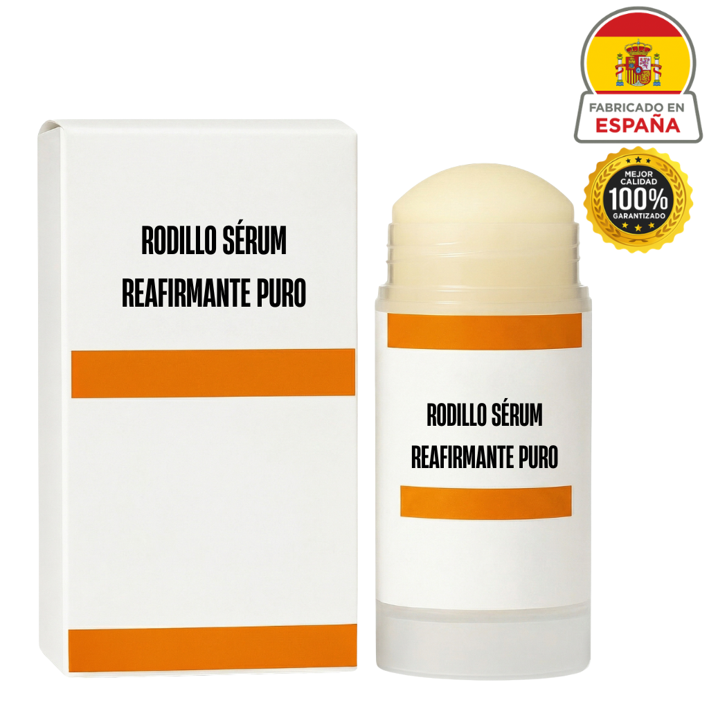Rodillo sérum reafirmante puro en su elegante envase, ideal para una piel más firme y tonificada.