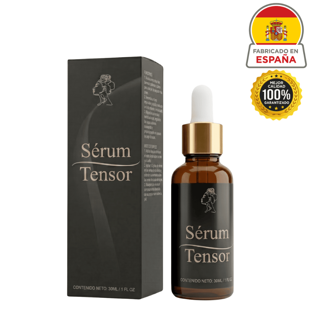 Botella y caja del Sérum Tensor, un producto reafirmante y nutritivo para la piel.
