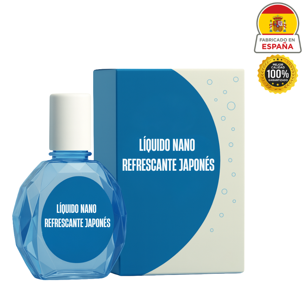 Líquido Nano Refrescante Japonés en frasco y caja, producto de belleza ligero para un aspecto fresco y uniforme.