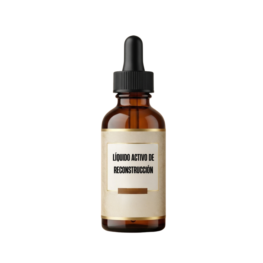 Botella de líquido activo de reconstrucción para el cuidado de la piel, ideal para rutina diaria de belleza.