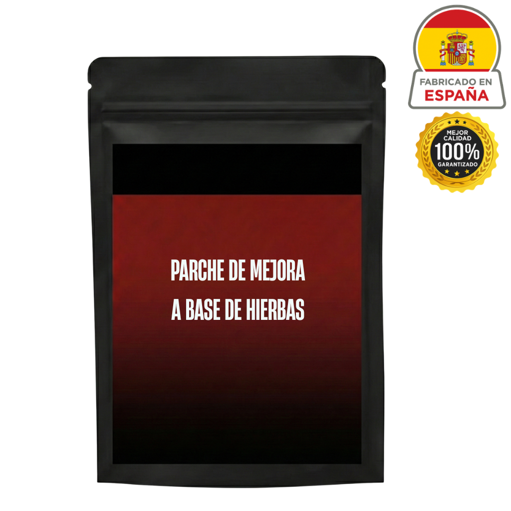Parche de mejora a base de hierbas en empaquetado negro, ideal para una piel suave y renovada.
