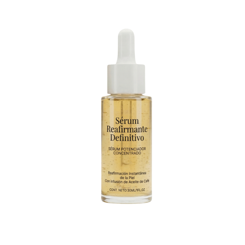 Sérum reafirmante definitivo en frasco con gotero, diseñado para una piel suave y radiante.