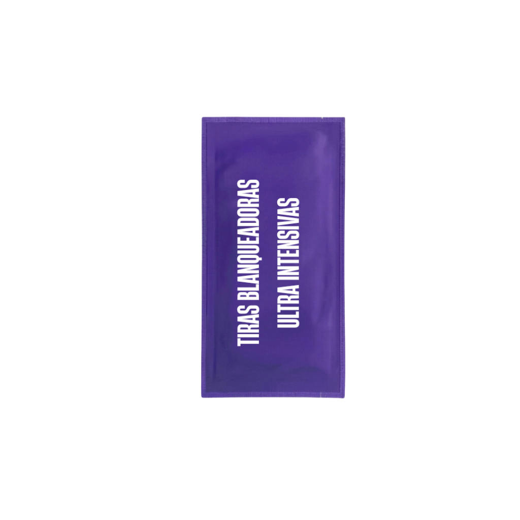 Tiras blanqueadoras ultra intensivas en empaque morado, ideal para una sonrisa brillante y pulida.