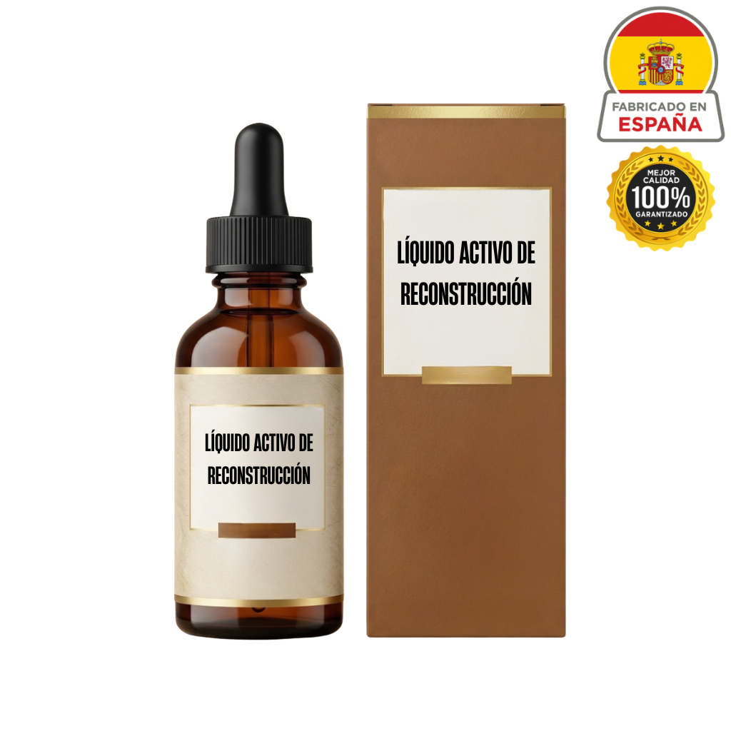 Líquido activo de reconstrucción en frasco de vidrio con gotero y packaging elegante.