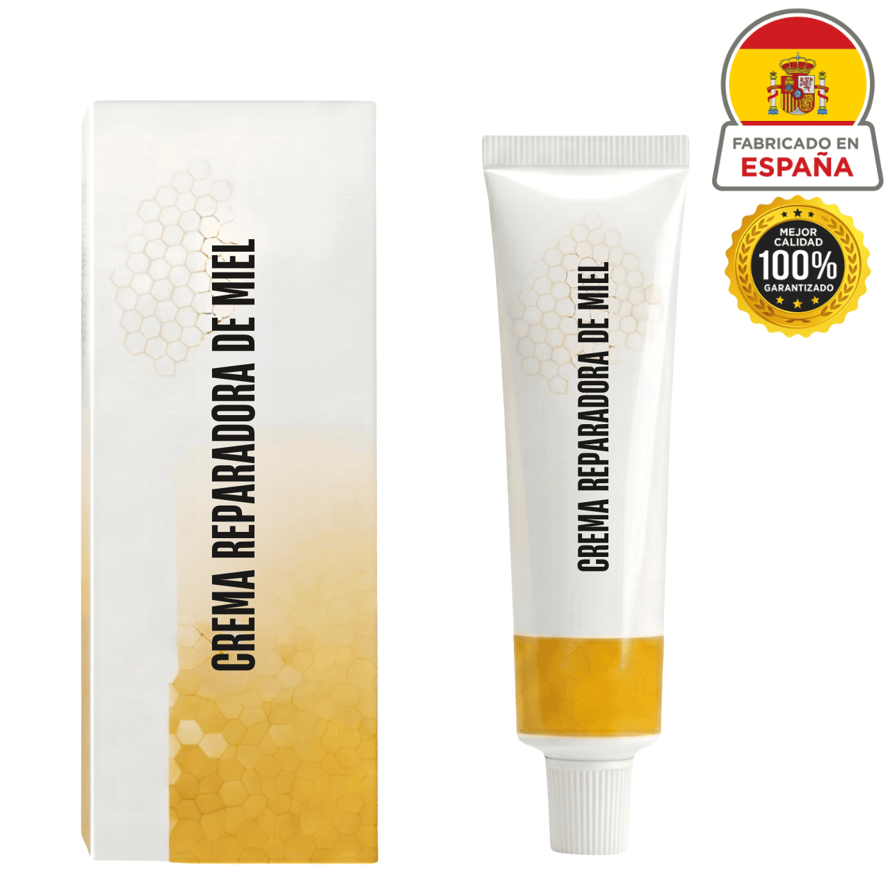 Crema reparadora de miel en tubo con envase, ideal para el cuidado diario de la piel.
