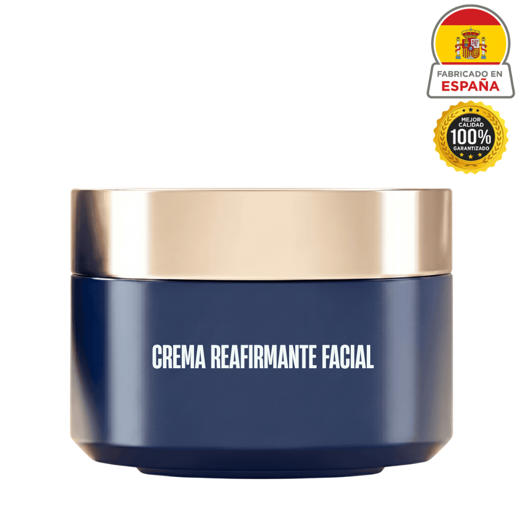 Crema reafirmante facial en envase elegante, diseñada para tonificar y suavizar la piel.