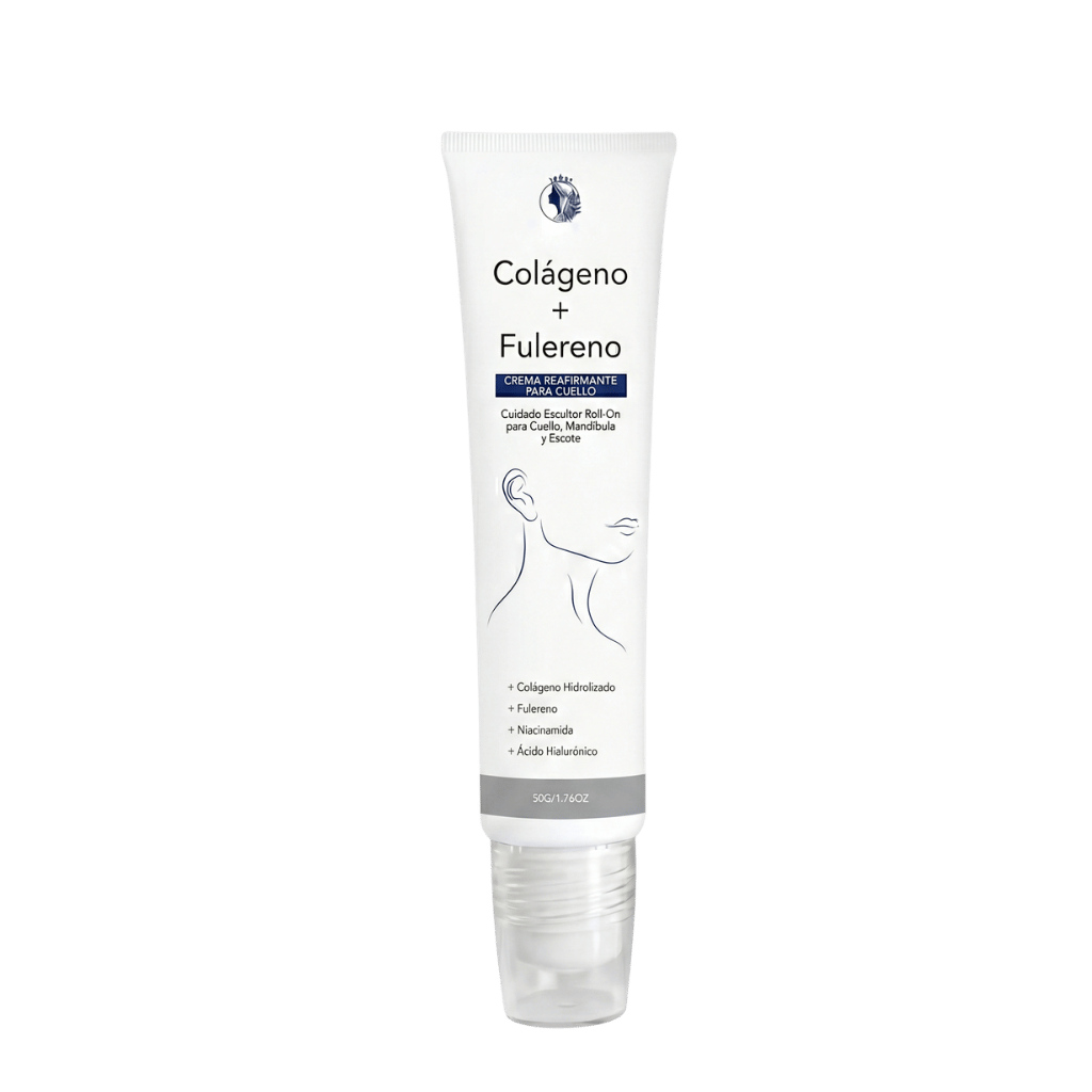 Crema Reafirmante de Lujo para el Cuello en un tubo, con ingredientes como colágeno y fulereno.
