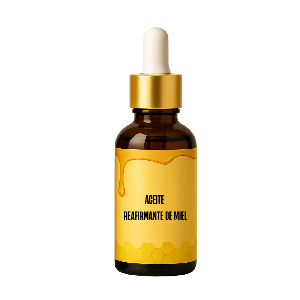 Botella de Aceite Reafirmante de Miel, cuidado de la piel, fórmula hidratante y nutritiva.
