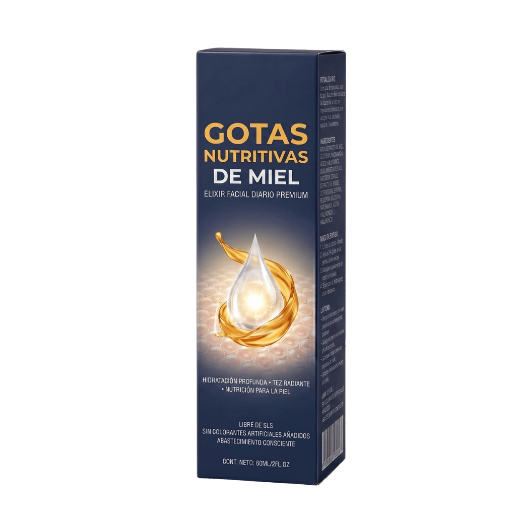 Envase de Gotas Nutritivas de Miel, elixir facial diario premium para una piel radiante y nutrida.