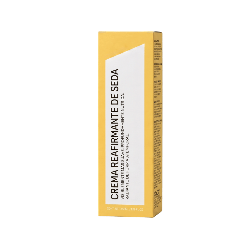 Envase de Crema Reafirmante de Seda con propiedades lifting para piel firme y suave.