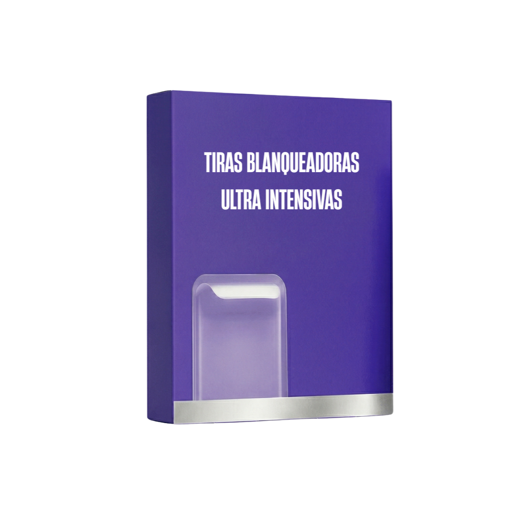Tiras blanqueadoras ultra intensivas en caja, solución de cuidado oral para una sonrisa más brillante.