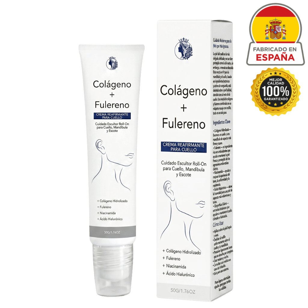 Crema Reafirmante de Lujo para el Cuello en envase con Colágeno y Fulereno, fabricación en España.