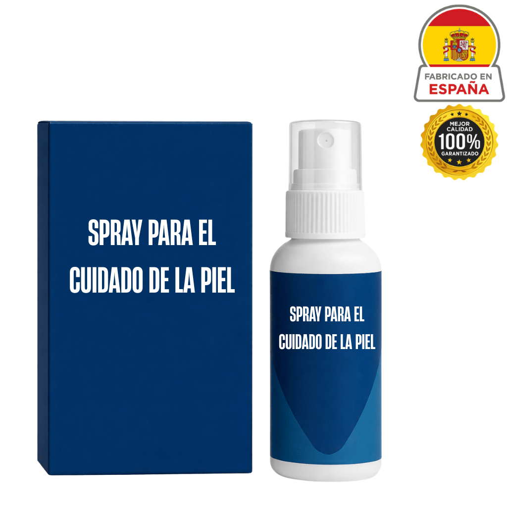 Spray premium para el cuidado de la piel en envase azul, fabricado en España, ideal para rutina de belleza diaria.