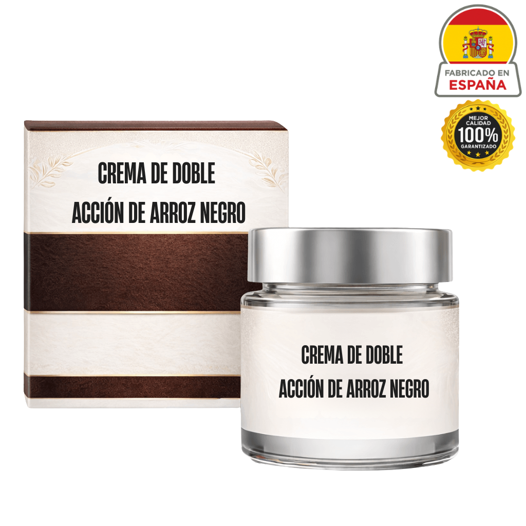 Frasco y caja de Crema de doble acción de arroz negro, cuidado de la piel, fabricado en España.