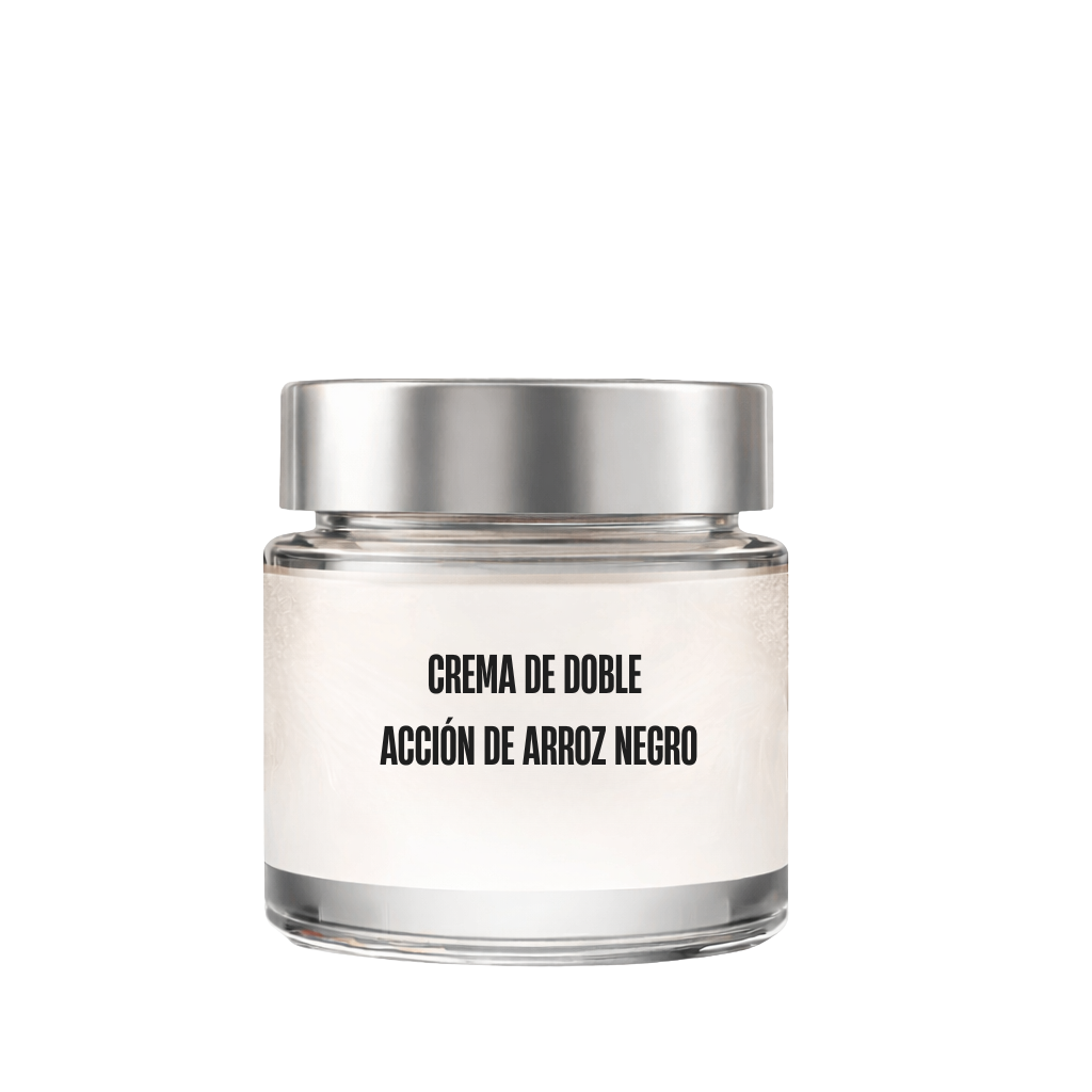 Crema de doble acción de arroz negro en frasco elegante para cuidado de la piel.