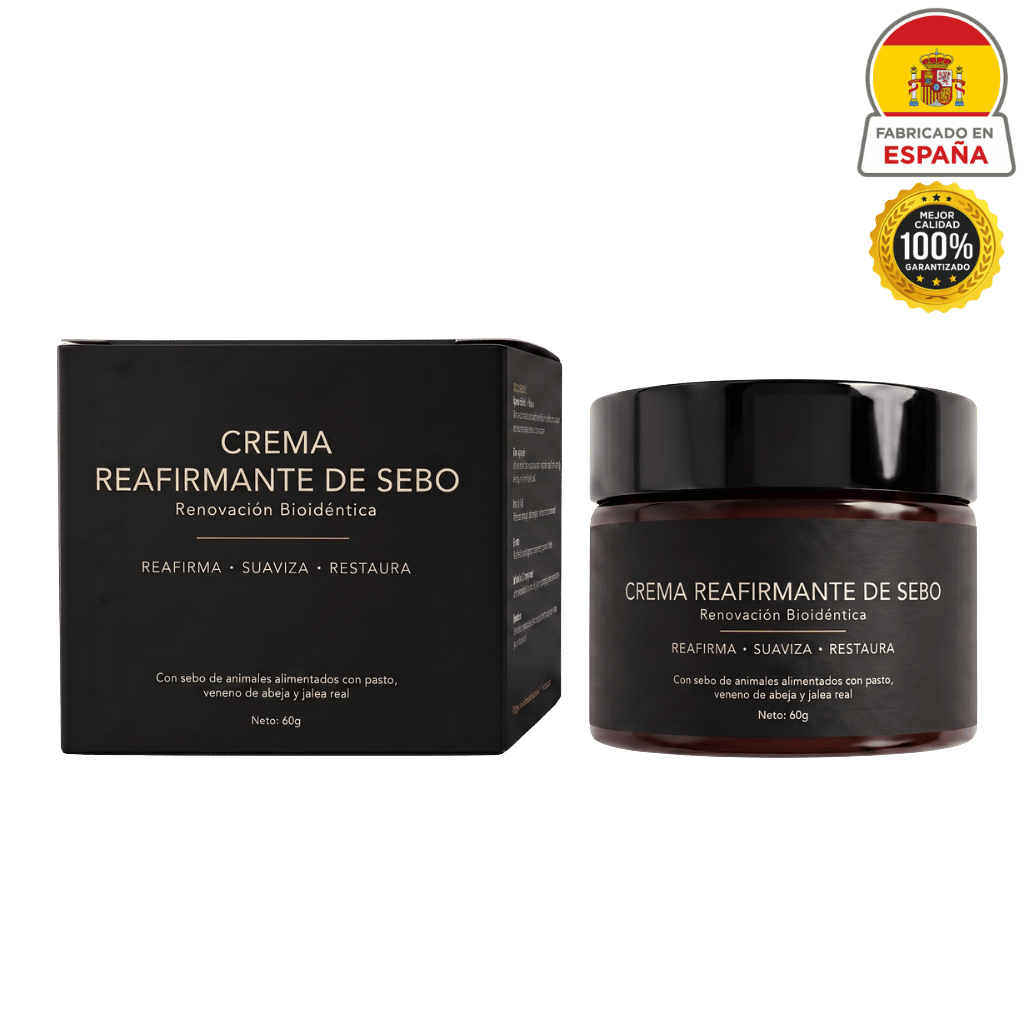 Crema reafirmante de sebo en frasco con tapa negra y caja, ideal para un cuidado nutritivo de la piel.