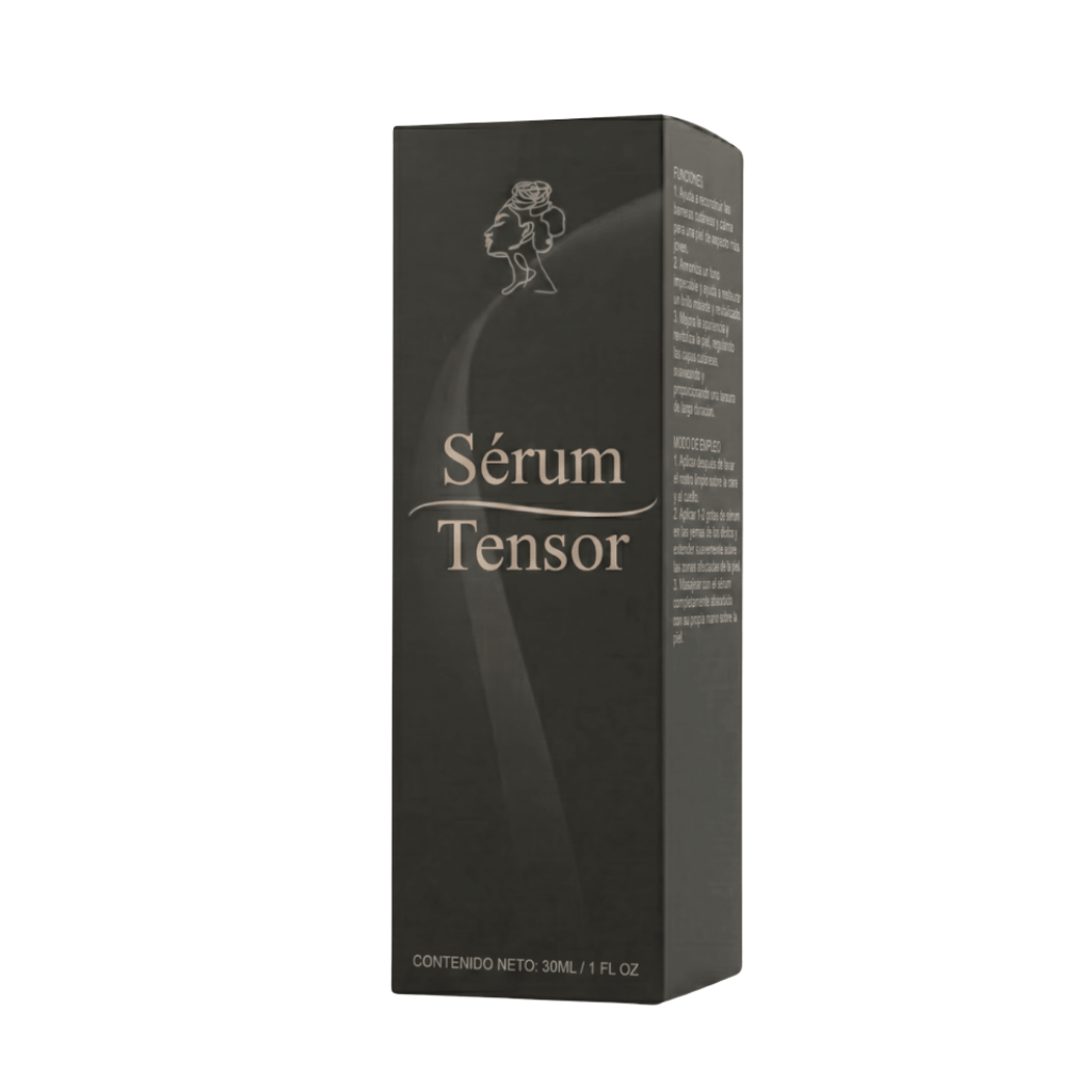 Sérum Tensor en envase negro de 30ml, diseñado para mejorar la apariencia de la piel.