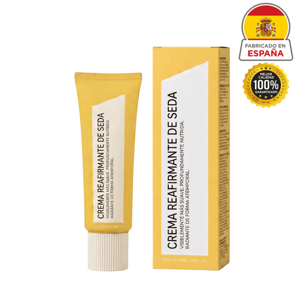 Crema Reafirmante de Seda en tubo y caja, crema de belleza con efecto lifting para piel firme y suave.