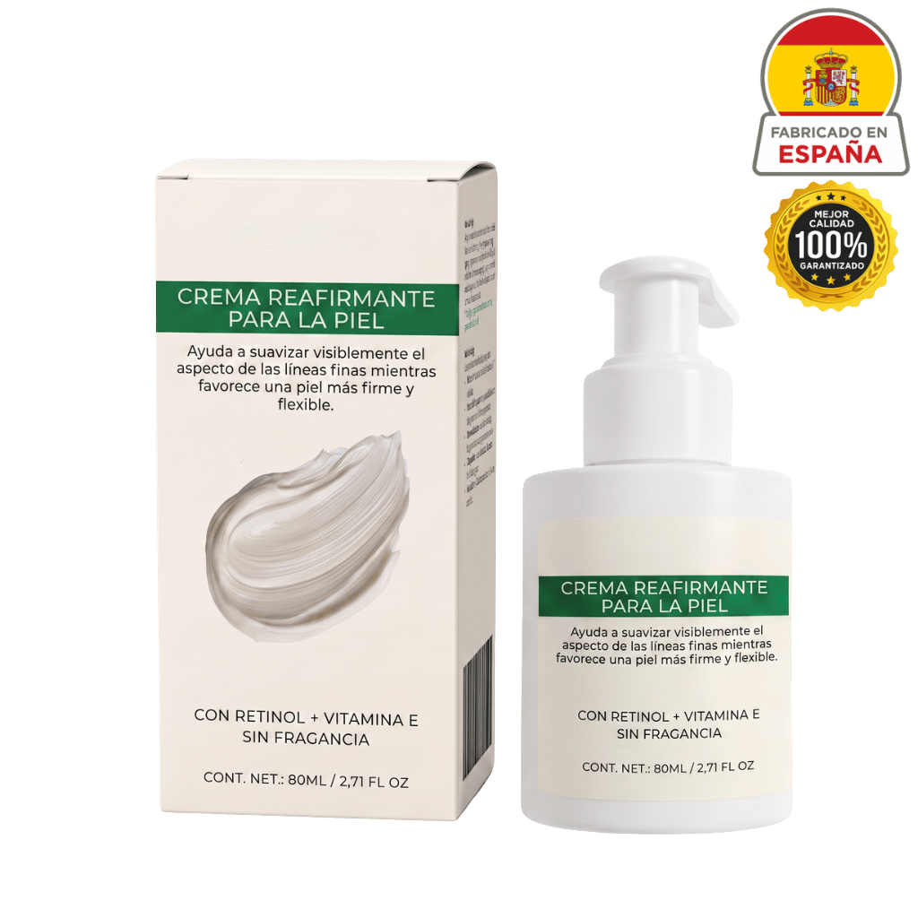 Loción reafirmante de la piel en envase con dispensador, fórmula con retinol y vitamina E para una piel firme y flexible.