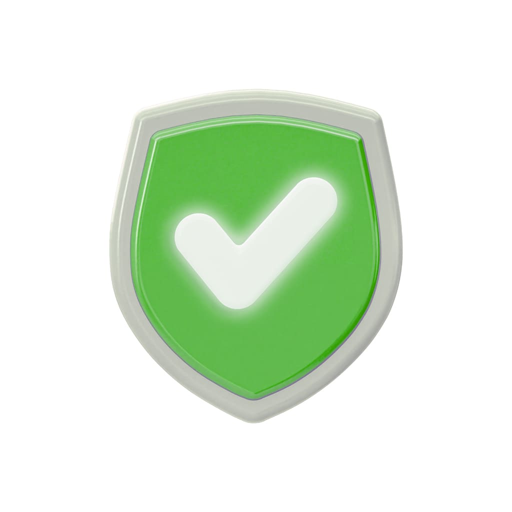 Emblema de verificación en escudo verde representando seguridad y confianza.